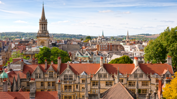 A view of Oxford rooftops and spires from St. Mary the Virgin Church.